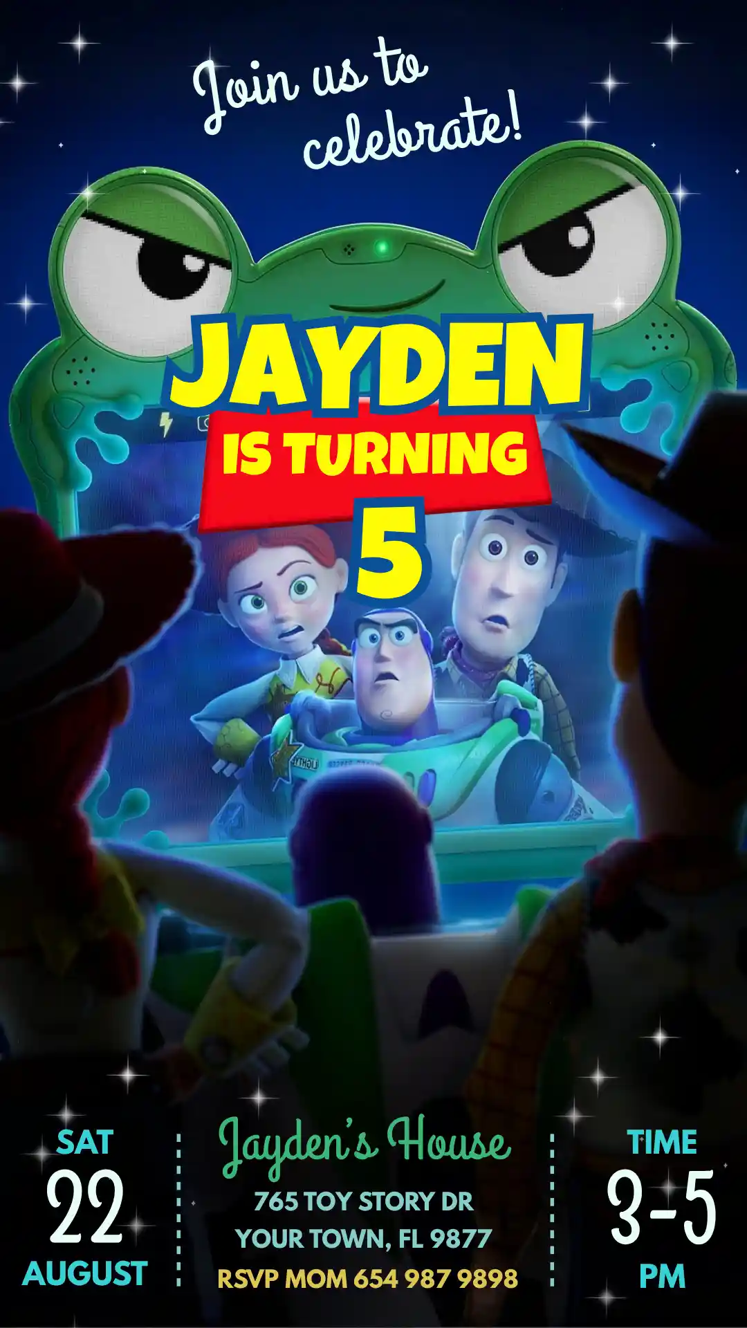toy story 5 birthday invitation template mobile Toy Story 5 Birthday Invitation template for Whatsapp and iMessage sharing featuring Woody and Buzz Lightyear looking at a screen