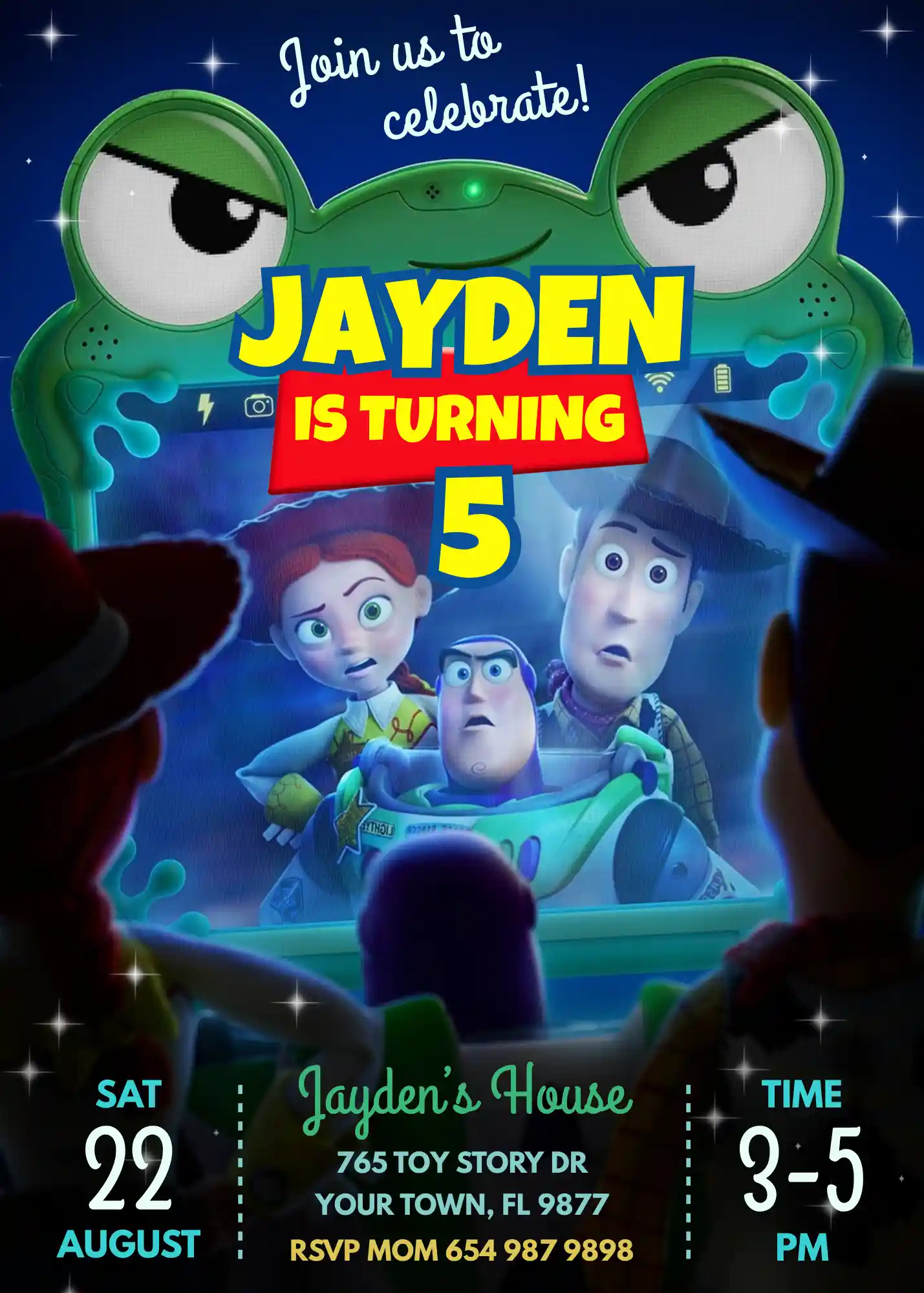 toy story 5 birthday invitation template Editable Toy Story 5 birthday invitation template featuring Woody, Buzz Lightyear, and Jessie inside a frog tablet case