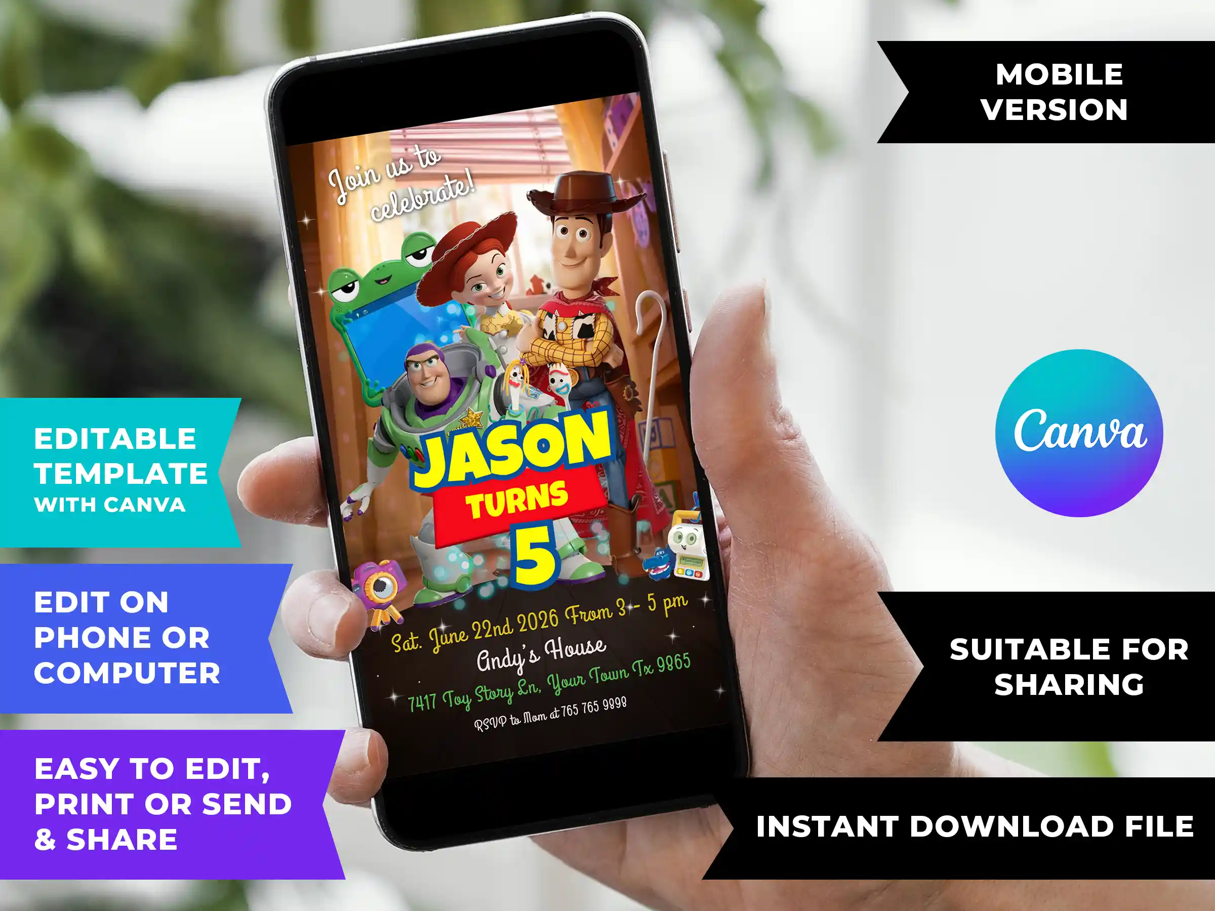 toy story 5 birthday invite mobile digital DIY Toy Story 5 birthday invitation template editable in Canva for mobile sharing