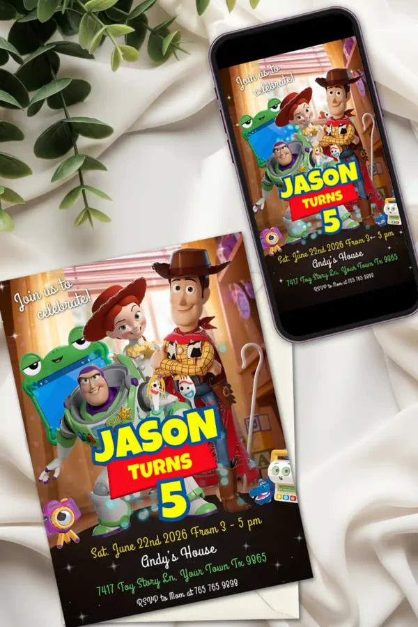 toy story 5 birthday invite printable and digital Toy Story 5 birthday invitation template editable in Canva for printing and digital mobile sharing