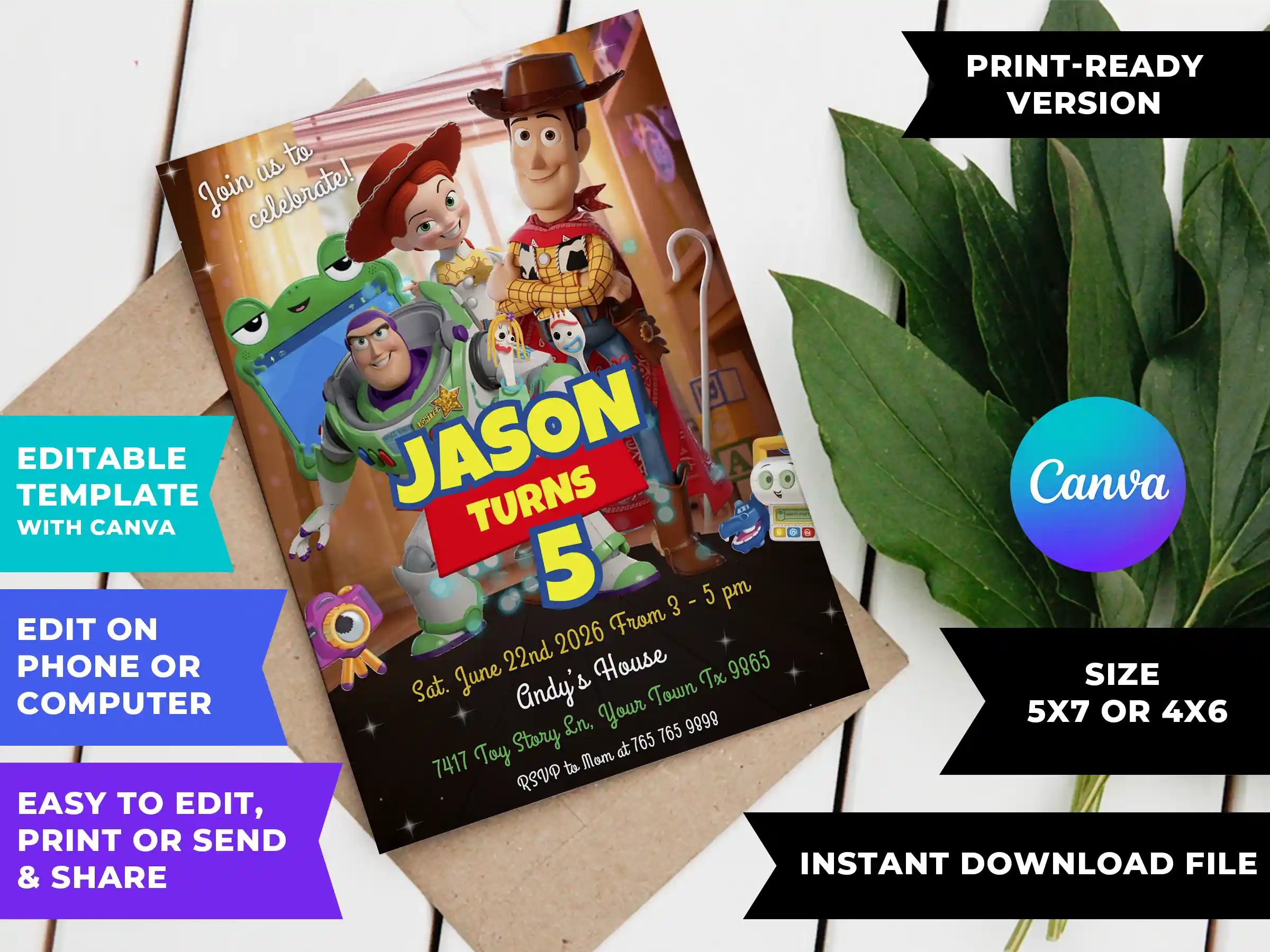 toy story 5 birthday invite printable DIY Toy Story 5 birthday invitation template printable editable in Canva featuring Buzz, Woody, Jessie and Forky