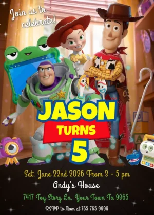 toy story 5 birthday invite template Editable Toy Story 5 birthday invite template featuring Buzz Lightyear, Woody, Jessie, and Forky on a wooden floor