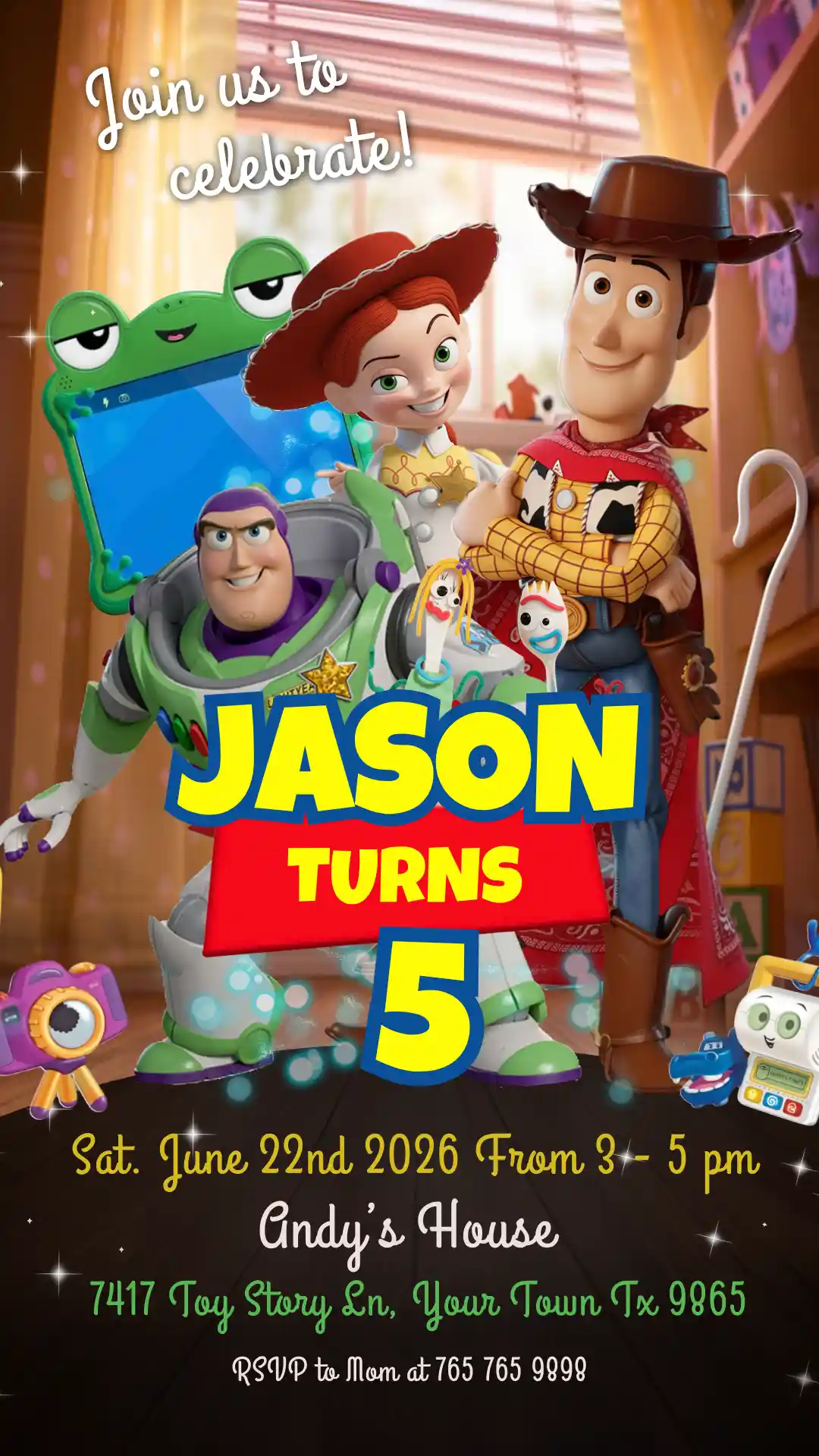 toy story 5 birthday invite template mobile Toy Story 5 Birthday Invite template for Whatsapp and iMessage sharing featuring Buzz, Woody, and a green frog tablet case