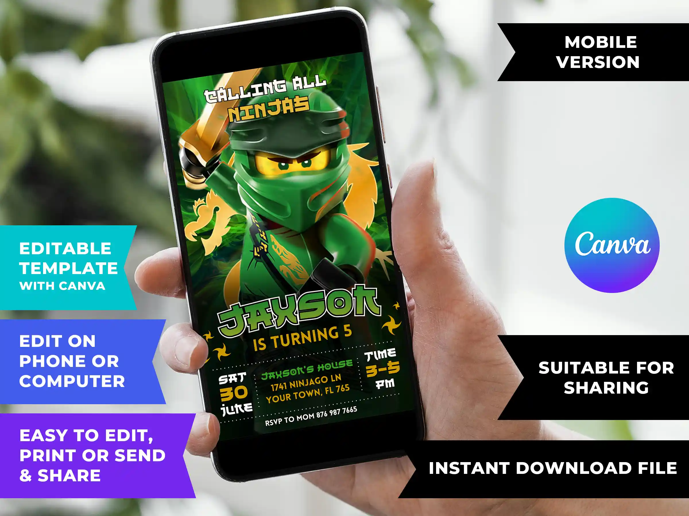 lego ninjago birthday invite mobile digital DIY Lego Ninjago birthday invite template editable in Canva for mobile sharing