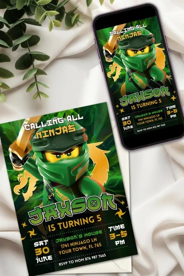 lego ninjago birthday invite printable and digital Lego Ninjago birthday invite template editable in Canva for printing and digital mobile sharing