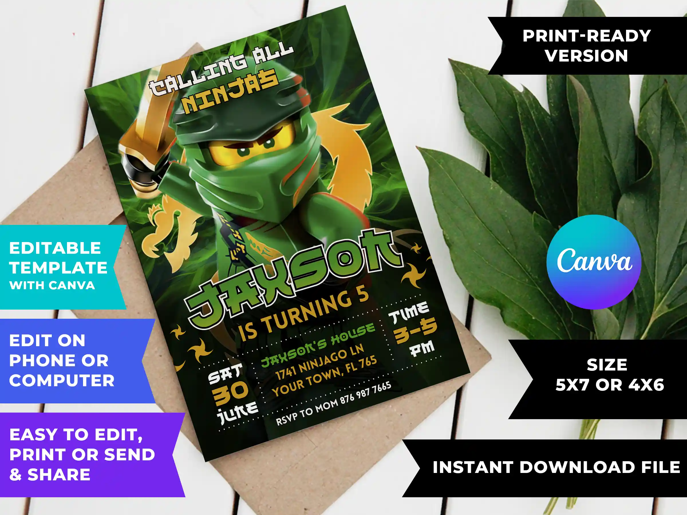 lego ninjago birthday invite printable DIY Lego Ninjago birthday invite template printable editable in Canva featuring Lloyd