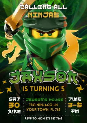 Editable Lego Ninjago birthday invite template featuring Lloyd