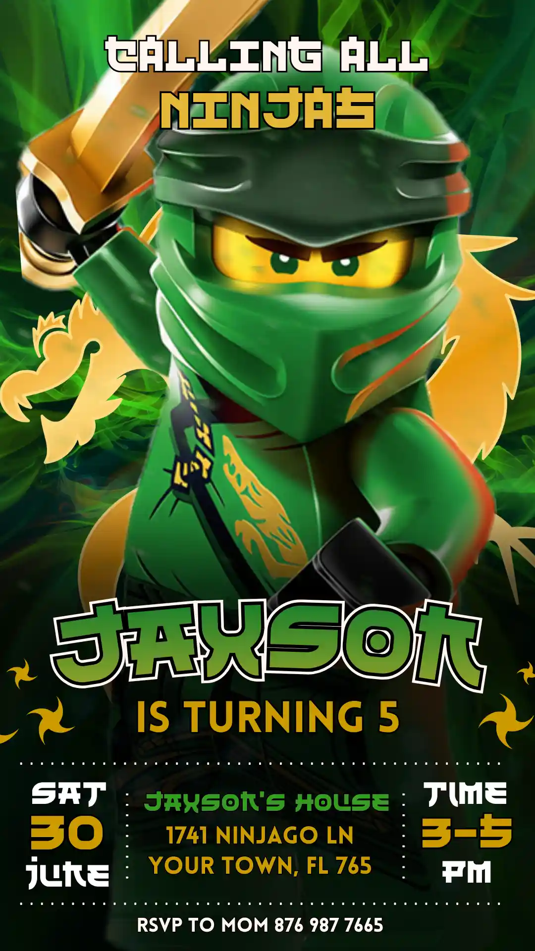 lego ninjago birthday invite template mobile Lego Ninjago Birthday Invite template for Whatsapp and iMessage sharing featuring Lloyd