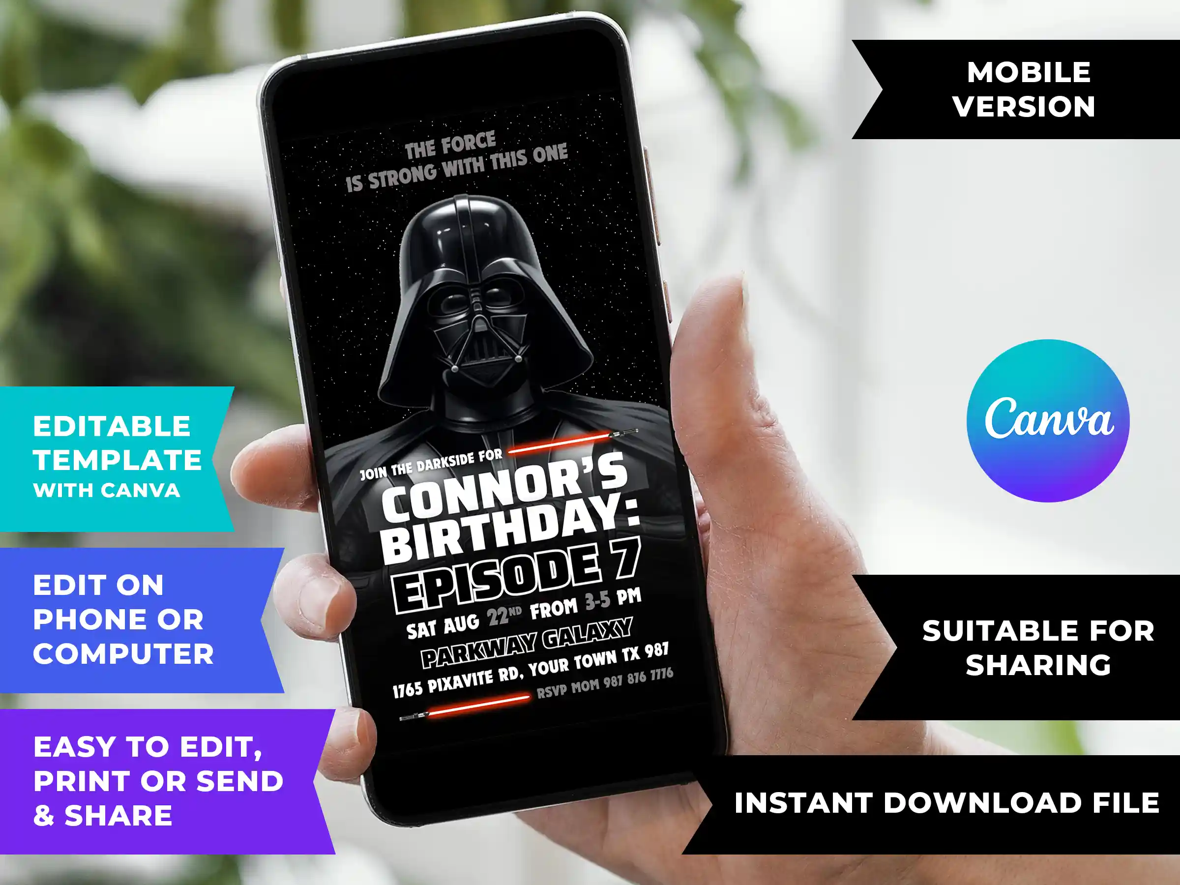 star wars darth vader birthday invitation mobile digital DIY Star Wars Darth Vader birthday invitation template editable in Canva for mobile sharing.