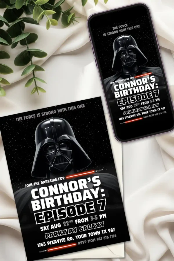 star wars darth vader birthday invitation printable and digital Star Wars Darth Vader birthday invitation template editable in Canva for printing and digital mobile sharing.