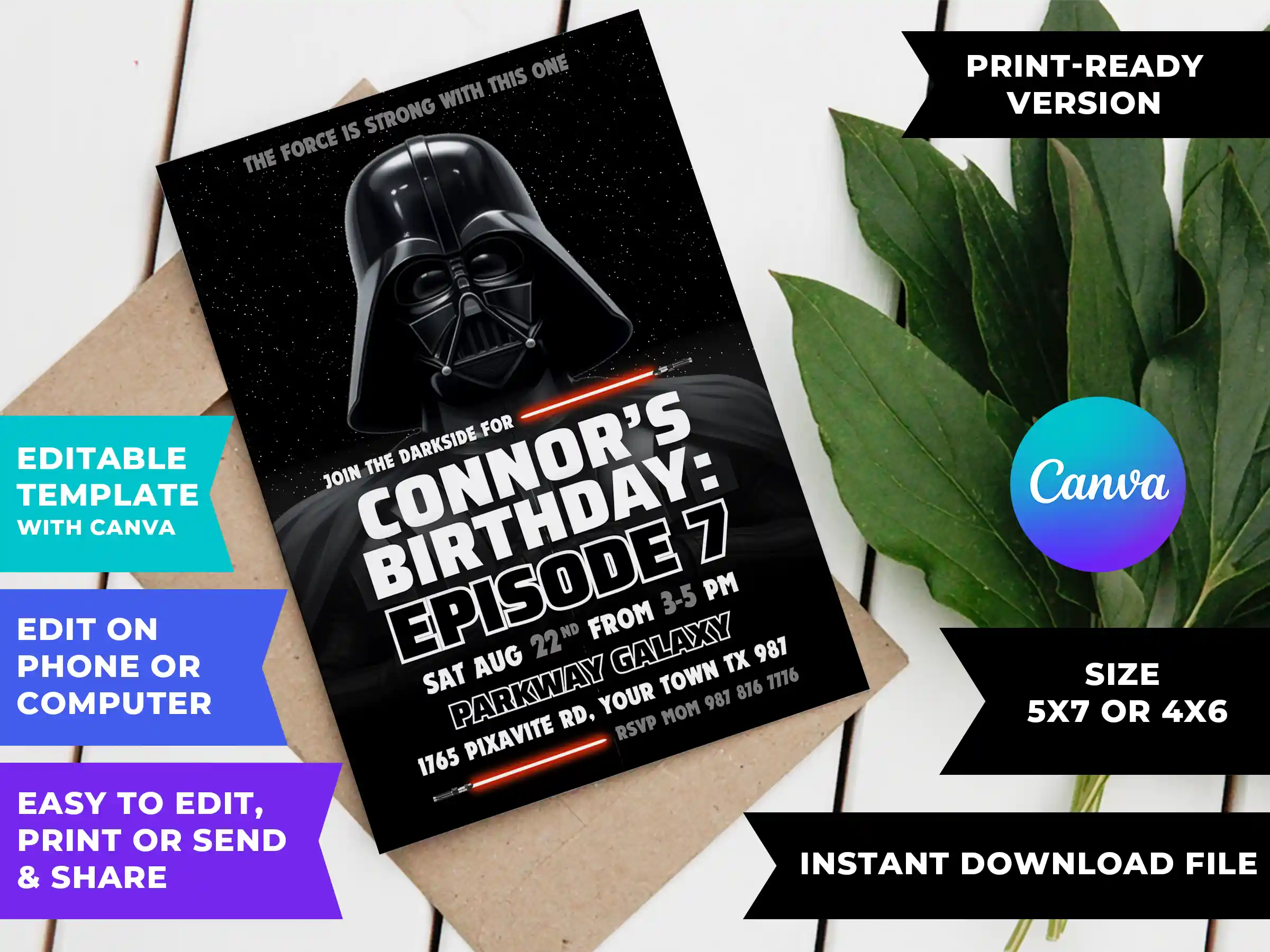 star wars darth vader birthday invitation printable DIY Star Wars Darth Vader birthday invitation template printable editable in Canva featuring Darth Vader wielding his red lightsaber.
