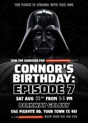 star wars darth vader birthday invitation template Editable Star Wars Darth Vader birthday invitation template featuring Darth Vader and red lightsabers