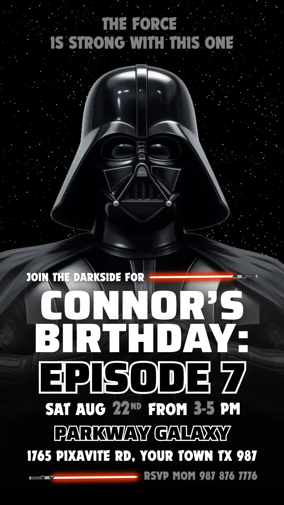 star wars darth vader birthday invitation template mobile Star Wars Darth Vader Birthday Invitation template for Whatsapp and iMessage sharing featuring Darth Vader