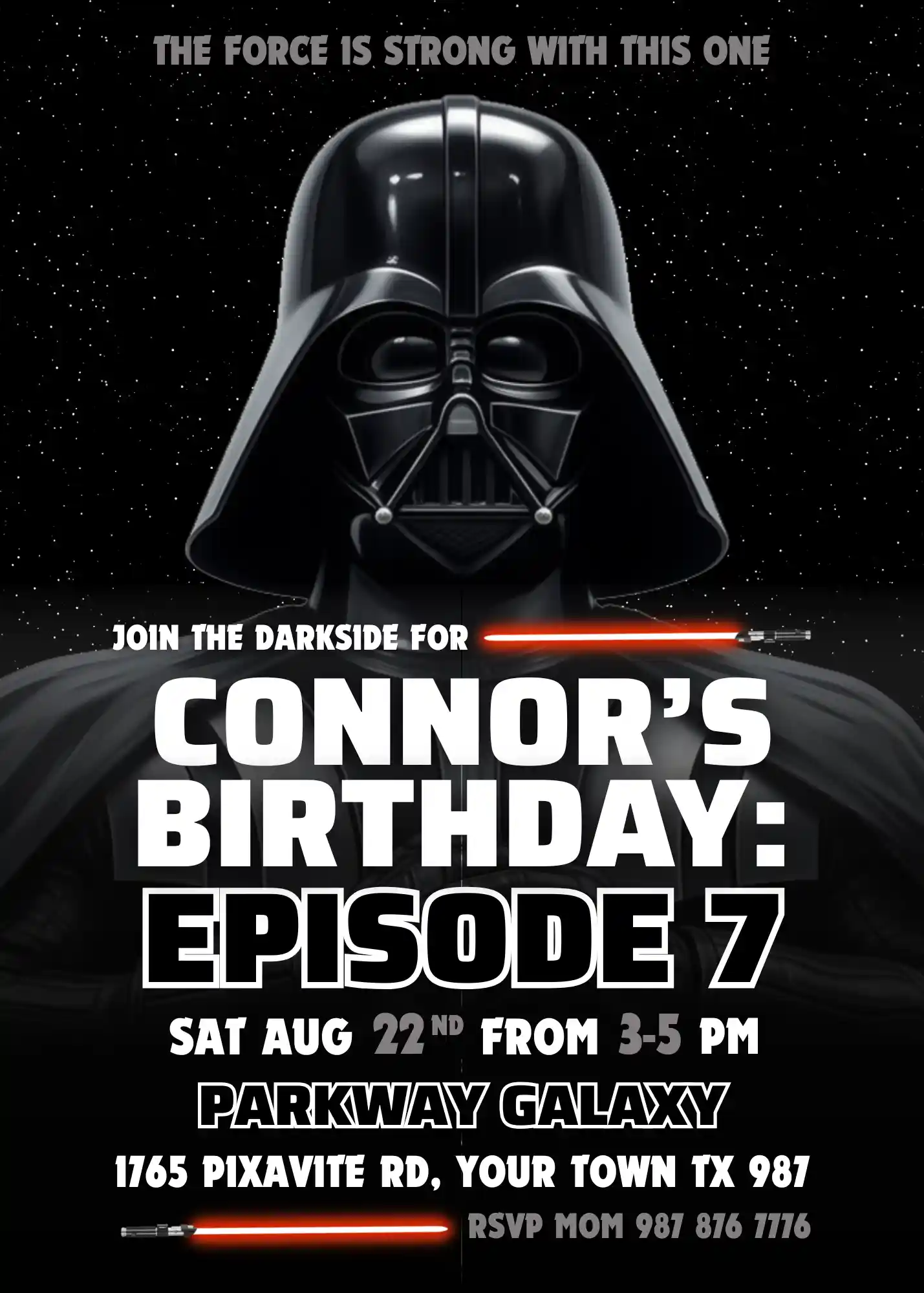 star wars darth vader birthday invitation template Editable Star Wars Darth Vader birthday invitation template featuring Darth Vader and red lightsabers