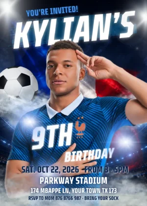 mbappe france birthday birthday invitation template Editable Mbappe France birthday invitation template featuring Kylian Mbappe