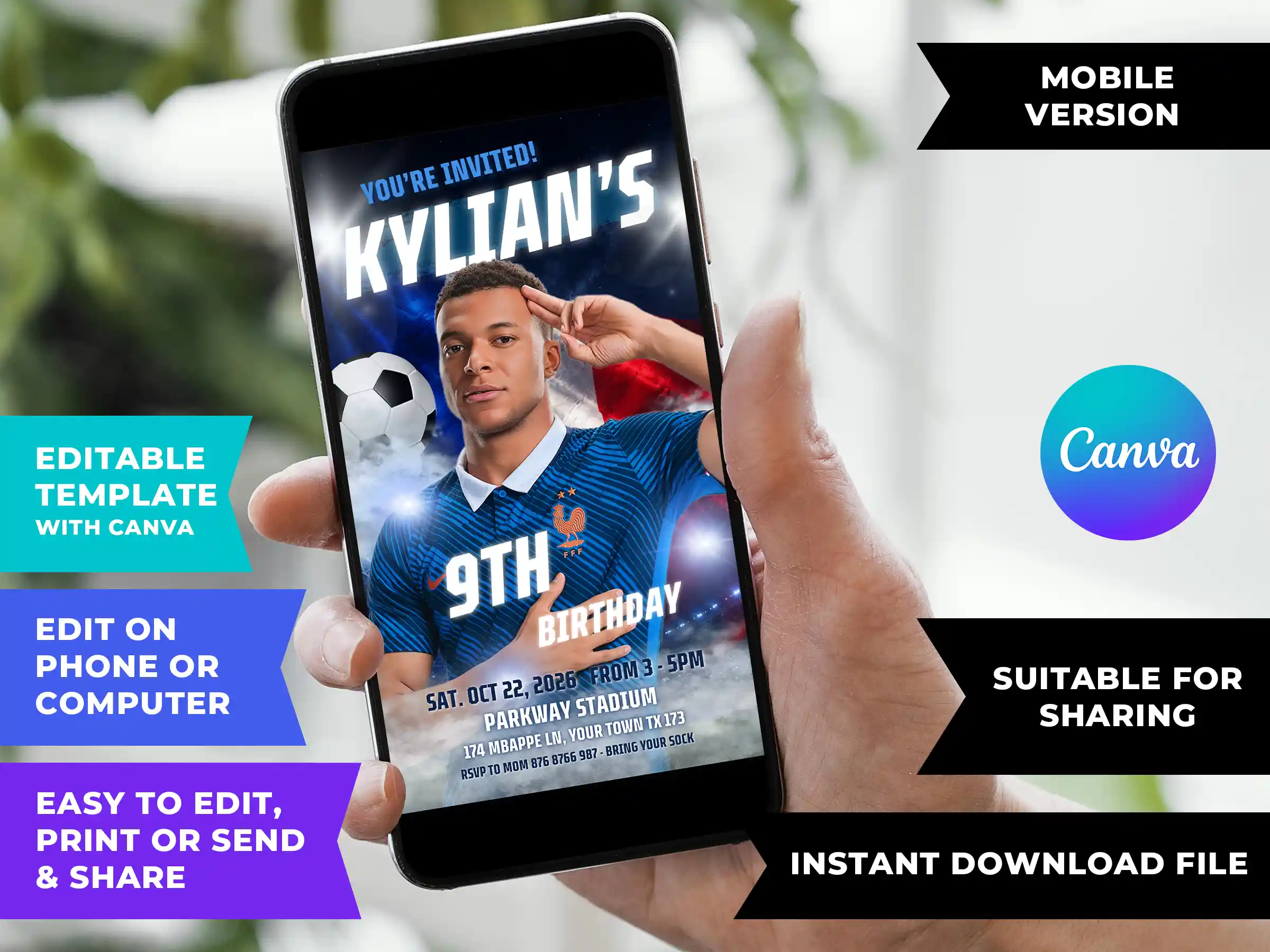 mbappe france birthday invitation mobile digital DIY Mbappe France birthday invitation template editable in Canva for mobile sharing