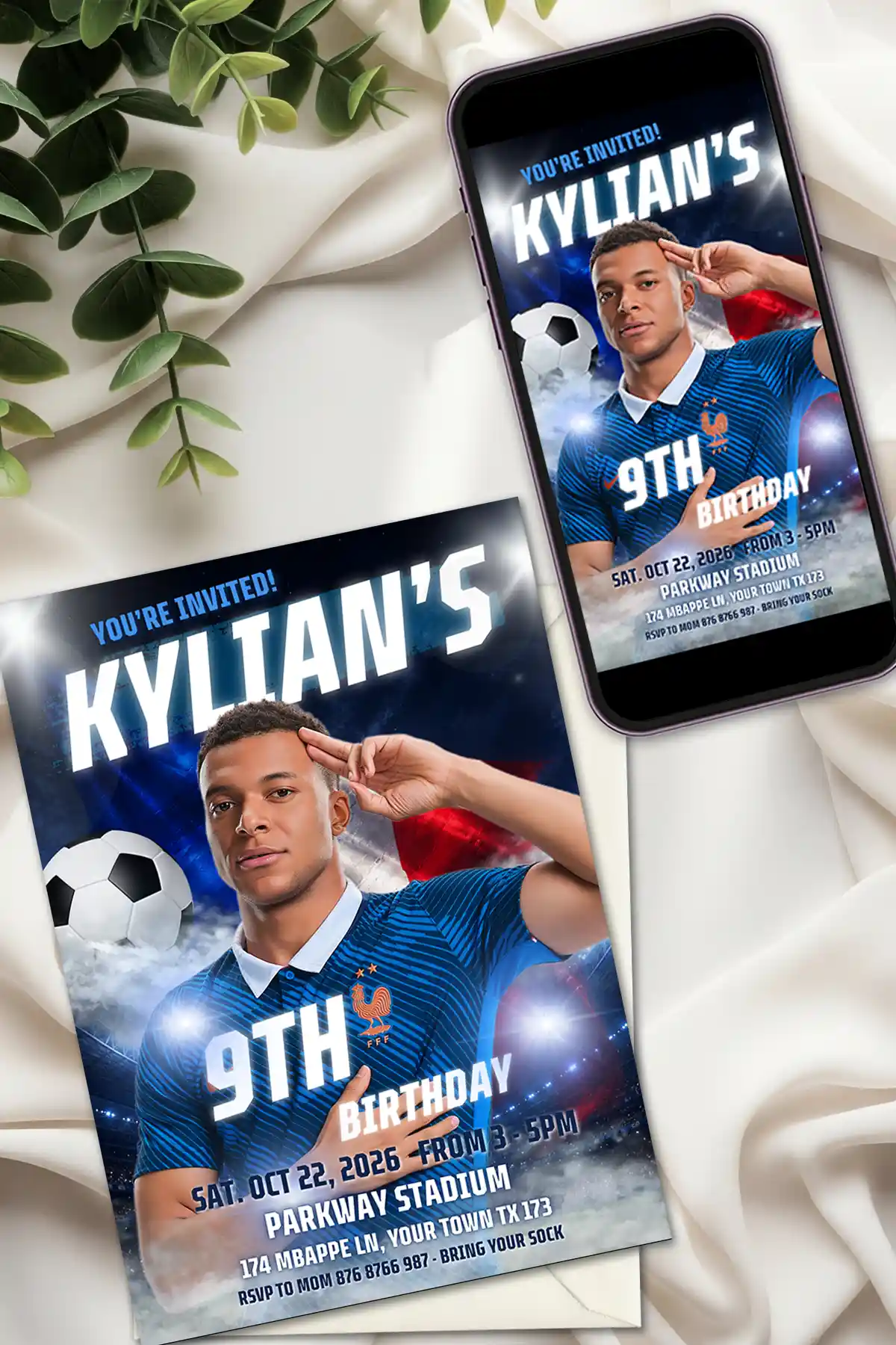 mbappe france birthday invitation printable and digital Mbappe France birthday invitation template editable in Canva for printing and digital mobile sharing