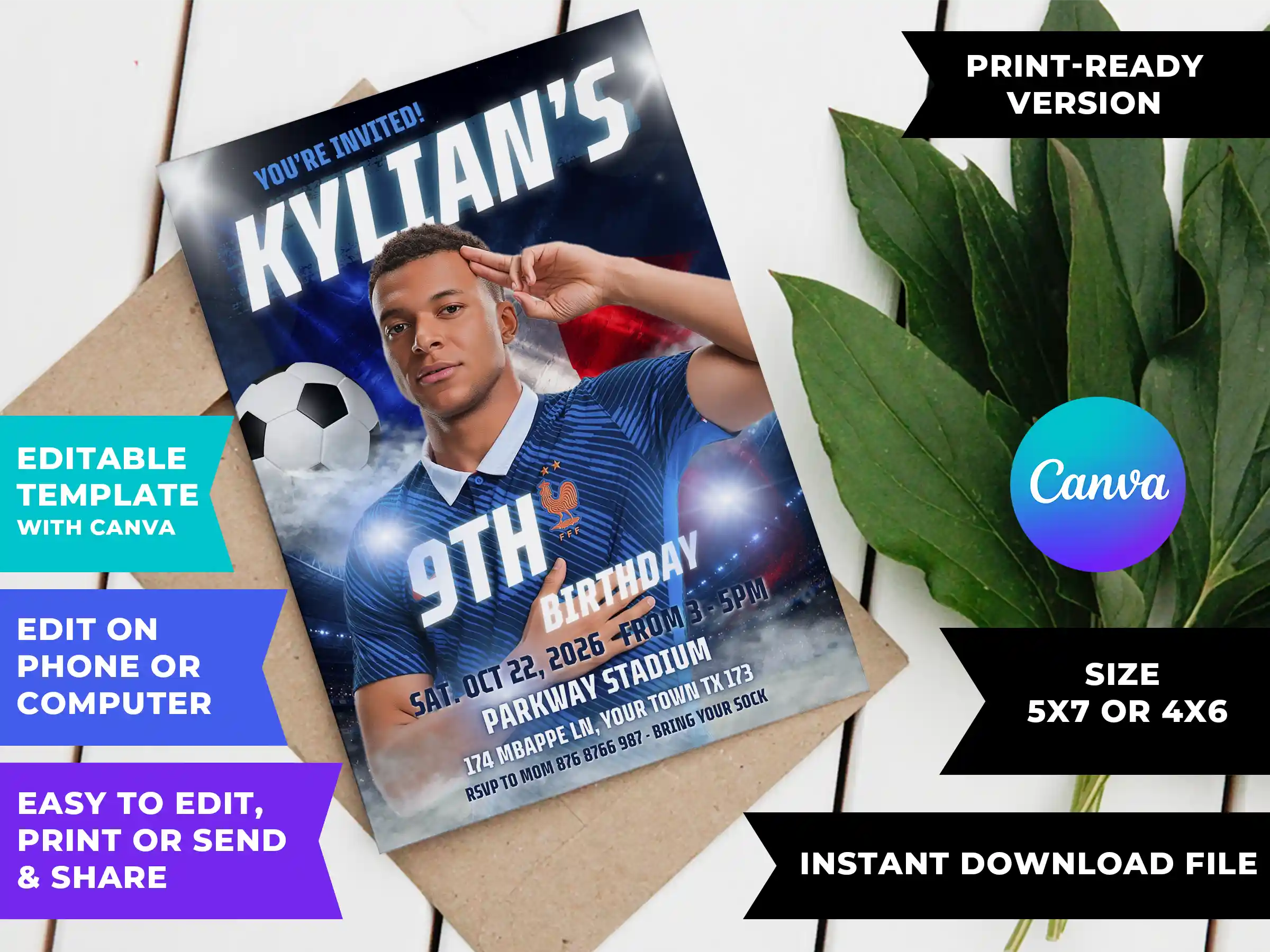 mbappe france birthday invitation printable DIY Mbappe France birthday invitation template printable editable in Canva featuring Kylian Mbappe