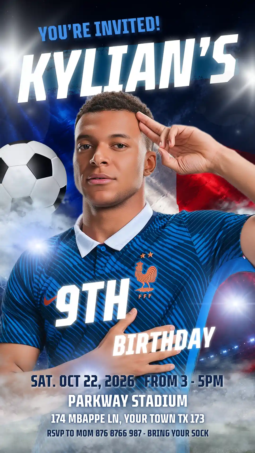 mbappe france birthday invitation template mobile Mbappe France Birthday Invitation template for Whatsapp and iMessage sharing featuring Kylian Mbappe