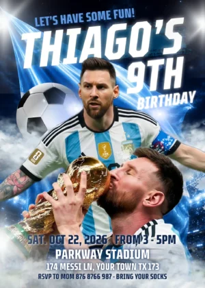 messi argentina birthday invitation template Editable Messi Argentina birthday invitation template featuring Lionel Messi kissing the FIFA World Cup trophy
