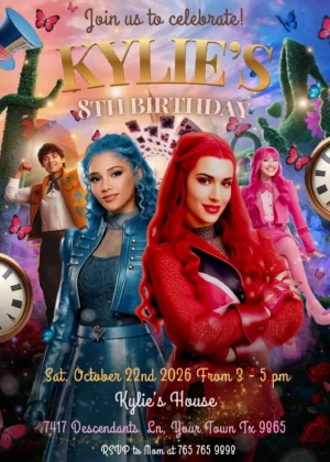 Editable Descendants Wicked Wonderland birthday invitation template featuring Red and Chloe