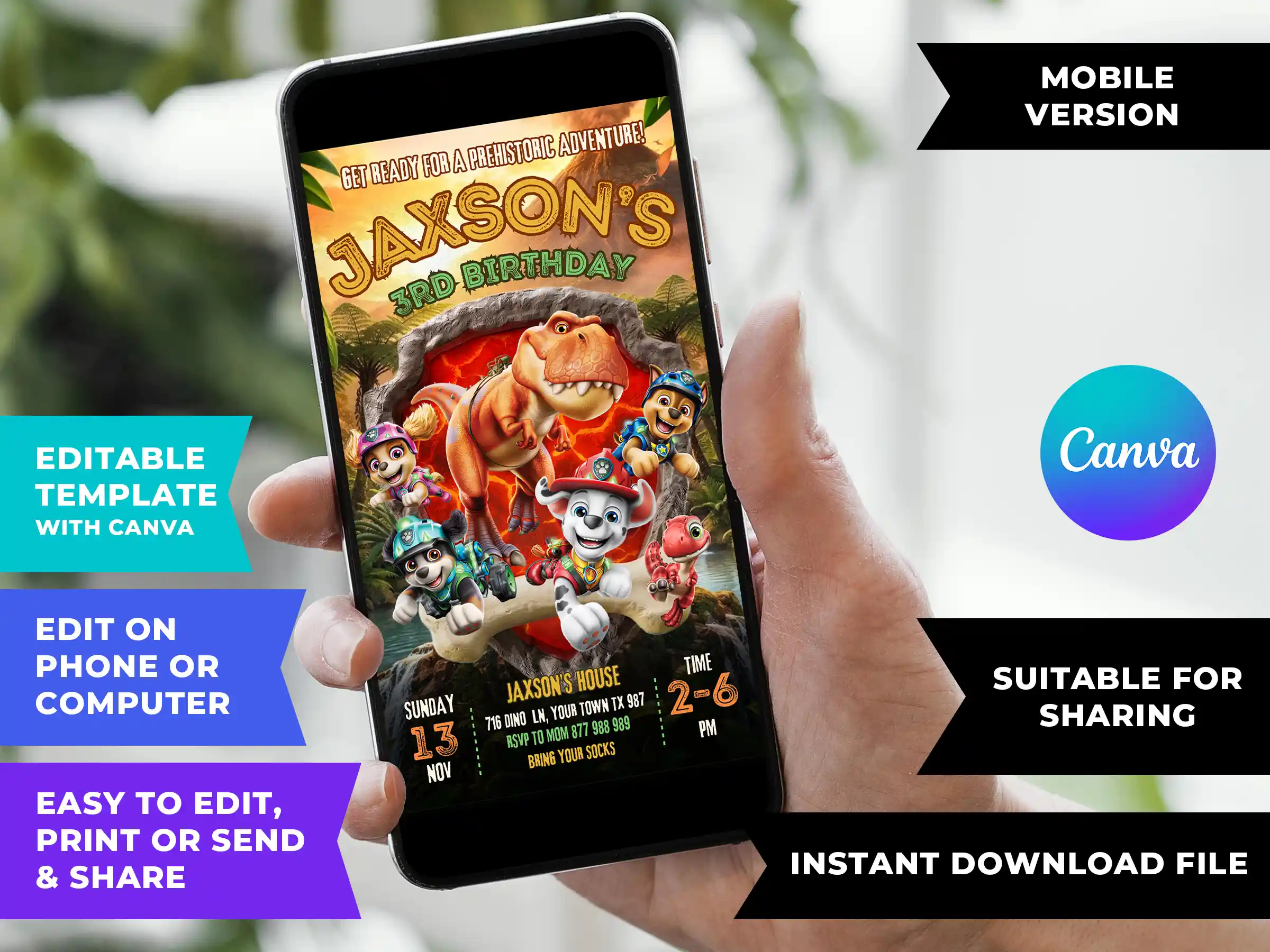 paw patrol the dino movie birthday invitation mobile digital DIY Paw Patrol The Dino Movie birthday invitation template editable in Canva for mobile sharing