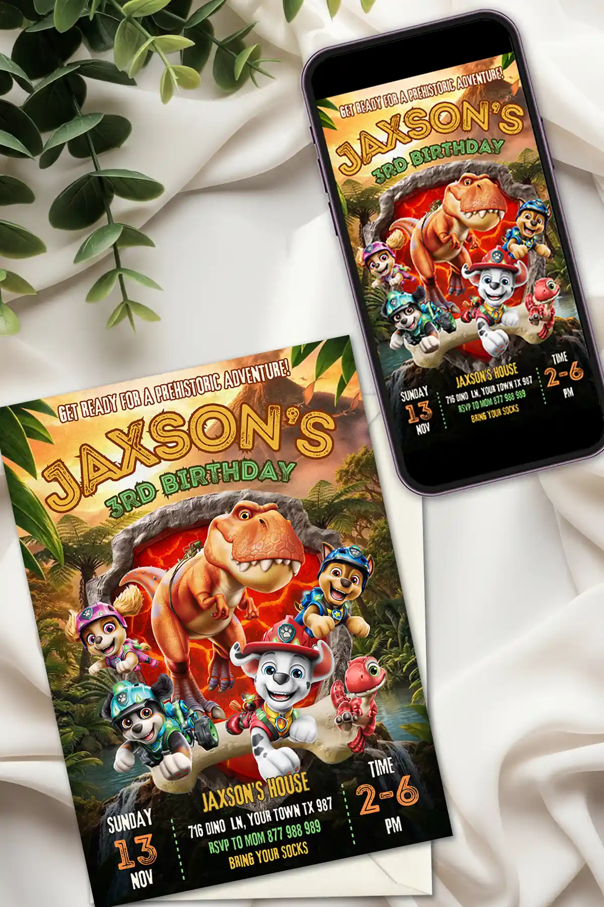 paw patrol the dino movie birthday invitation printable and digital Paw Patrol The Dino Movie birthday invitation template editable in Canva for printing and digital mobile sharing