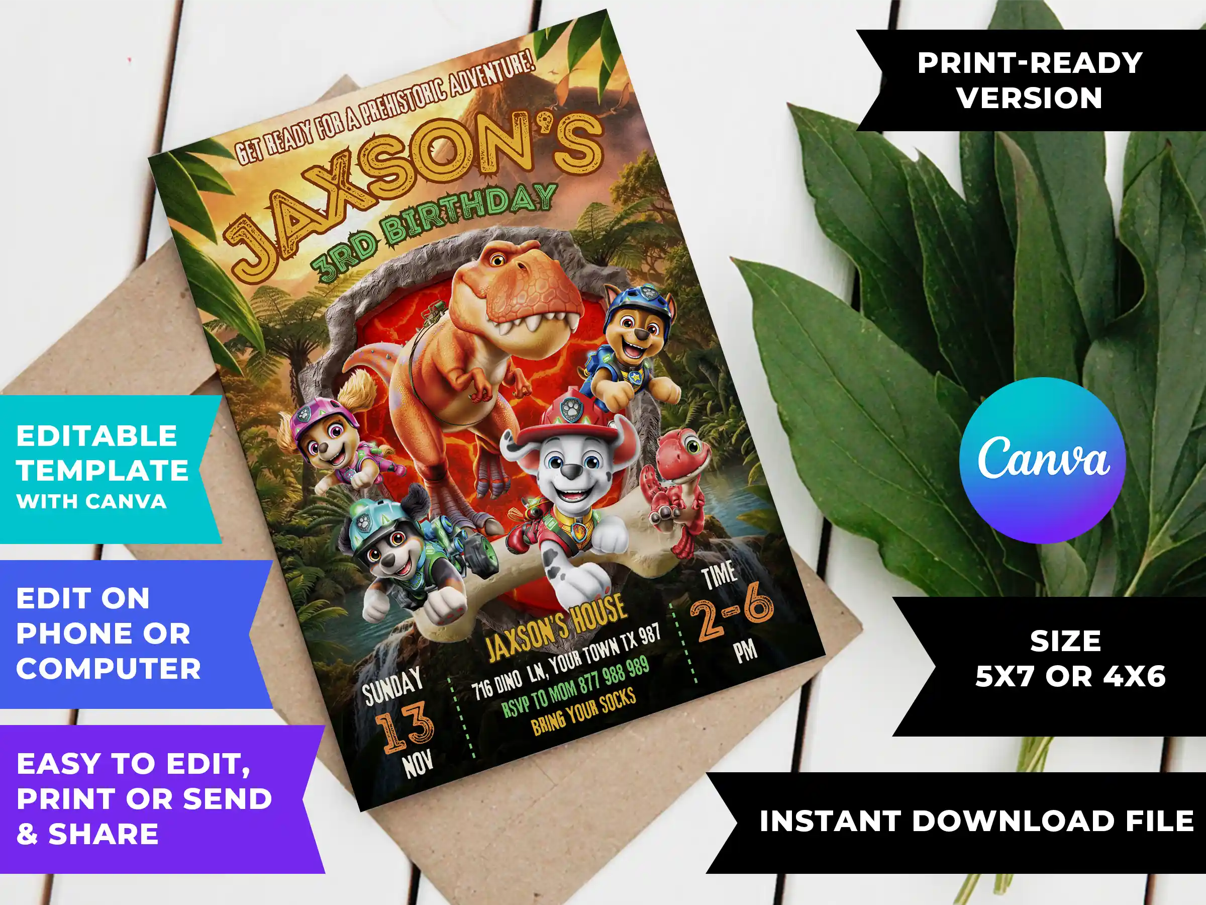 paw patrol the dino movie birthday invitation printable DIY Paw Patrol The Dino Movie birthday invitation template printable editable in Canva