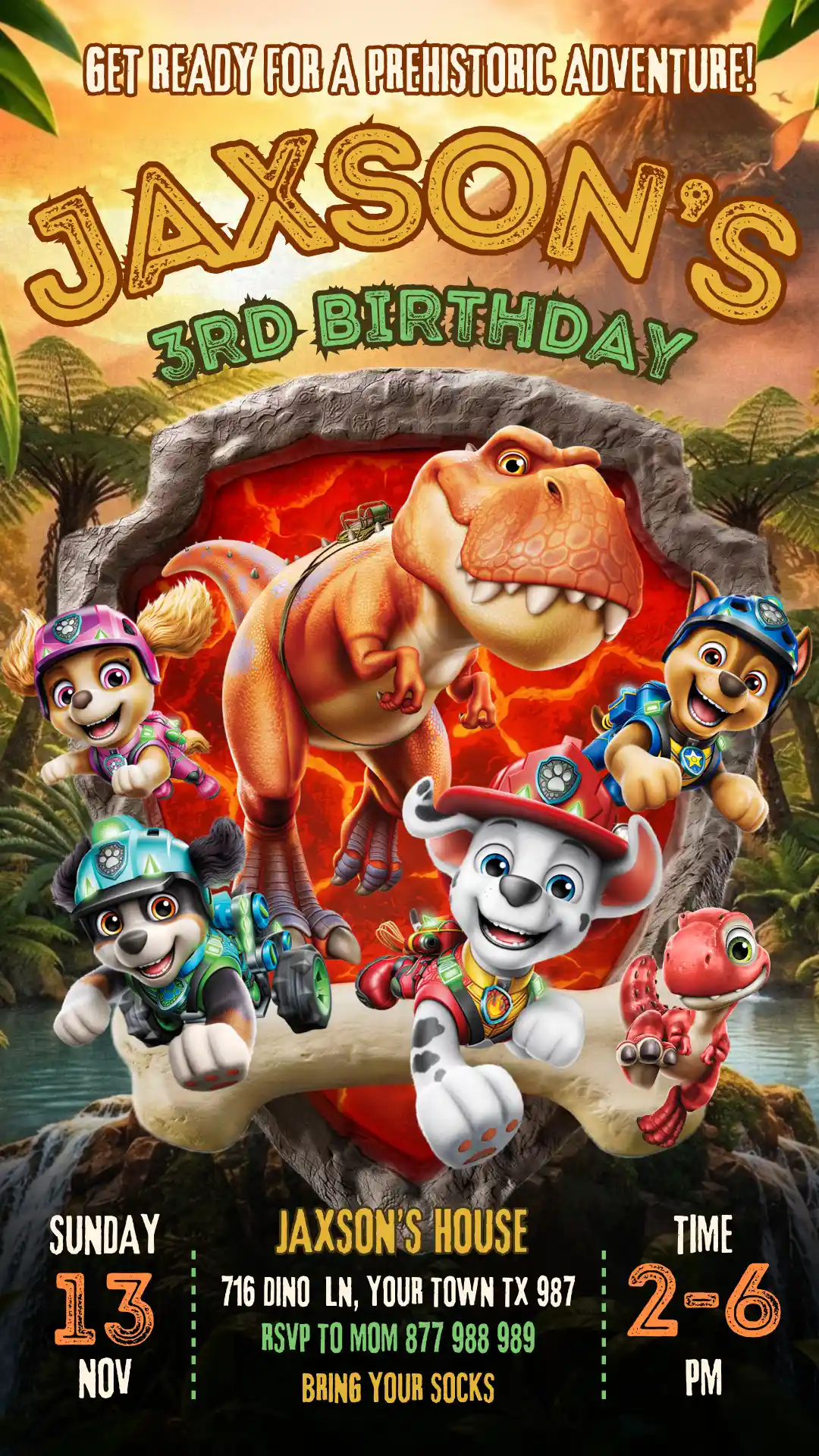 paw patrol the dino movie birthday invitation template mobile Paw Patrol The Dino Movie Birthday Invitation template for Whatsapp and iMessage sharing featuring Marshall and Chase in a prehistoric jungle