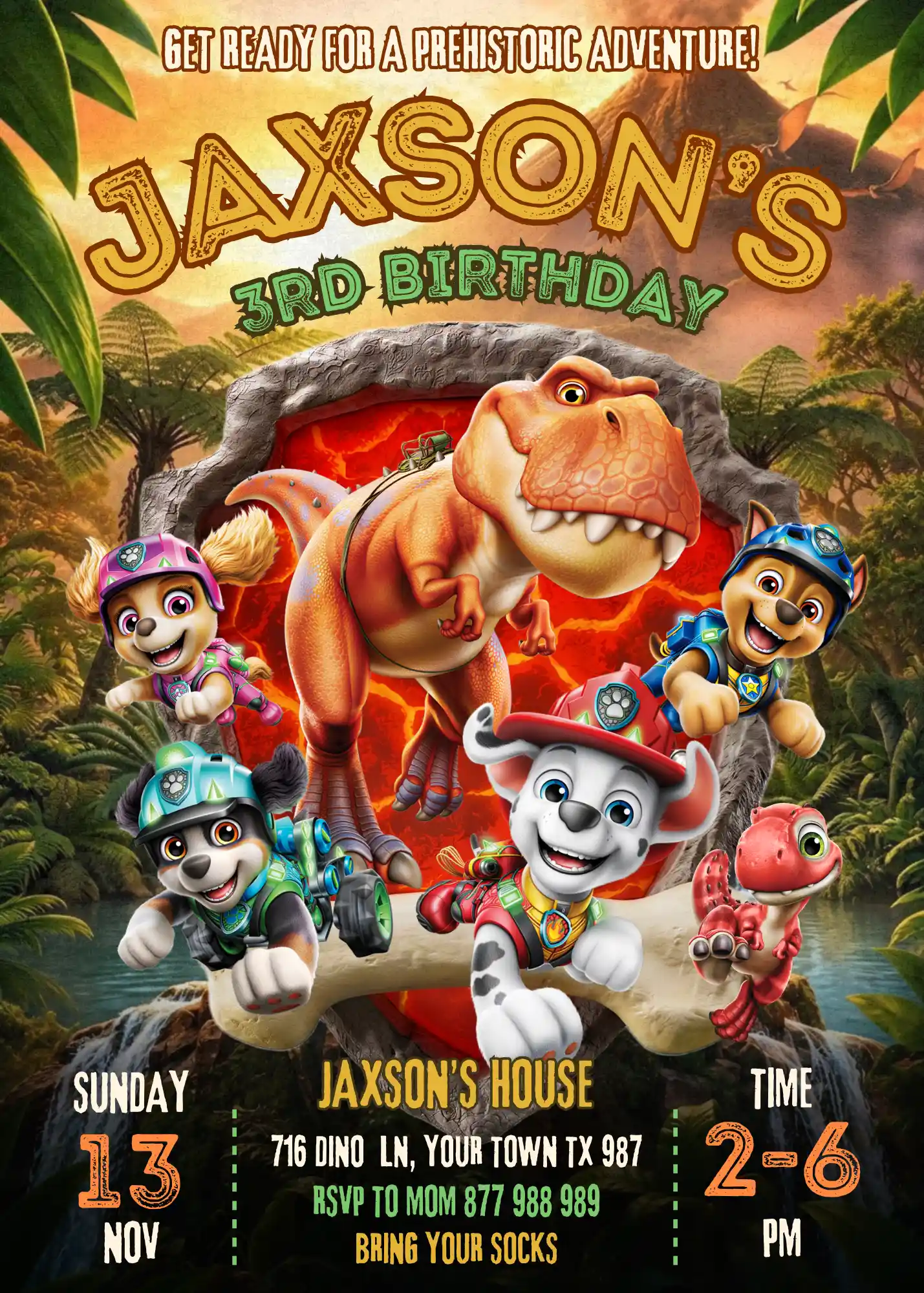paw patrol the dino movie birthday invitation template Editable Paw Patrol The Dino Movie birthday invitation template featuring Chase, Marshall, Skye, and dinosaur friends