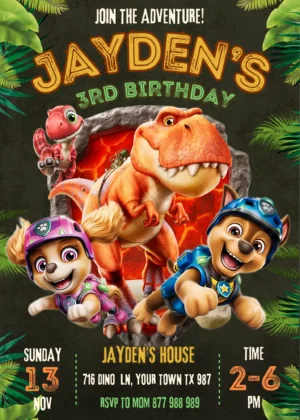 Editable Paw Patrol The Dino Movie birthday invite template featuring Chase, Skye, and dinosaur friends