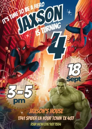 spiderman brand new day birthday invitation template Editable Spiderman Brand New Day birthday invitation template featuring Spider-Man and the Hulk